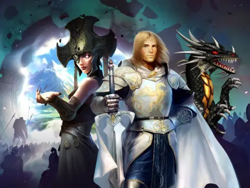 Rycerz, kobieta w hełmie i smok stoją na tle armii. Klimat jak w grach podobnych do Heroes 3.