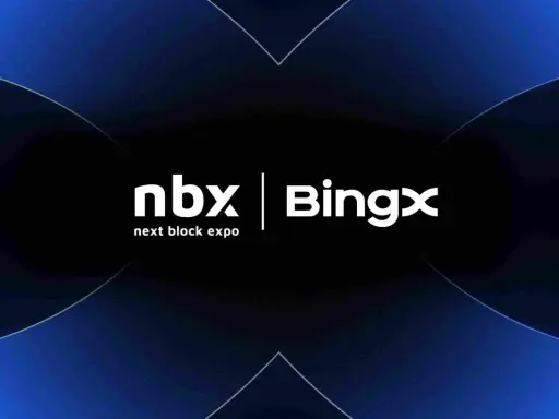 Logo NBX i BingX na tle grafiki z napisem "next block expo".