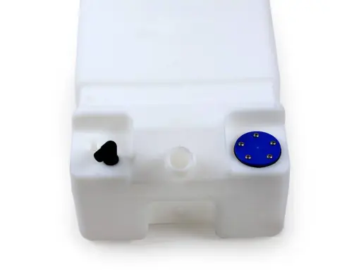 Weißer Wassertank für Trinkwasser mit schwarzem Stöpsel und blauem Deckel mit Schrauben.
