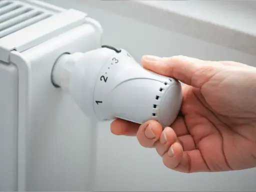 Main tenant ajuste le thermostat d'un radiateur, se demandant s'il faut fermer les radiateurs en été pour économiser de l'énergie.