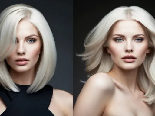 Zwei Porträts einer Frau mit platinblonden Haaren. Links trägt sie einen schwarzen Ausschnitt, rechts ist sie schulterfrei.