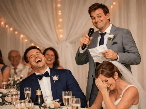 Un hombre da un discurso gracioso para bodas de oro, mientras la pareja ríe a carcajadas.