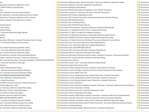 Liste de manuels pour transmissions ZF, incluant des guides de réparation, catalogues de pièces et informations techniques.