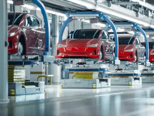 Línea de montaje de coches eléctricos rojos. Aunque se diga que los coches eléctricos no contaminan, su producción genera un impacto.