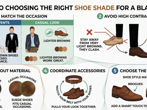 Guide to choosing brown shoes for a black suit. Dark brown shoes like espresso add elegance. Avoid very light browns.