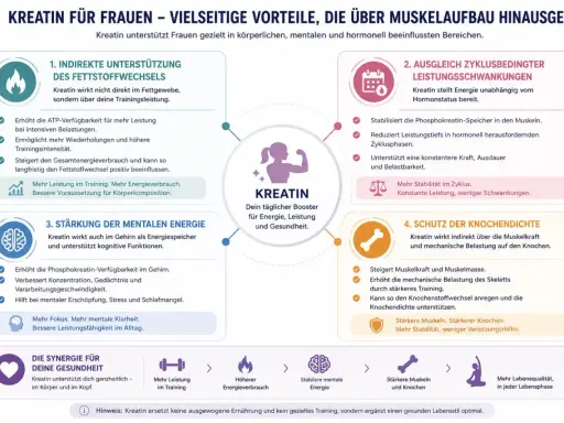 Kreatin ist gesund und unterstützt Frauen ganzheitlich: mehr Leistung, mentale Energie, Zyklusstabilität und Knochenschutz.