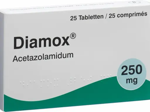 Förpackning med Diamox (acetazolamid) 250 mg tabletter. Läs bipacksedeln för information om eventuella diamox biverkningar.