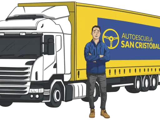 Hombre sonriente junto a un camión amarillo con logo de autoescuela. ¿Cuánto cuesta el carnet de trailer?