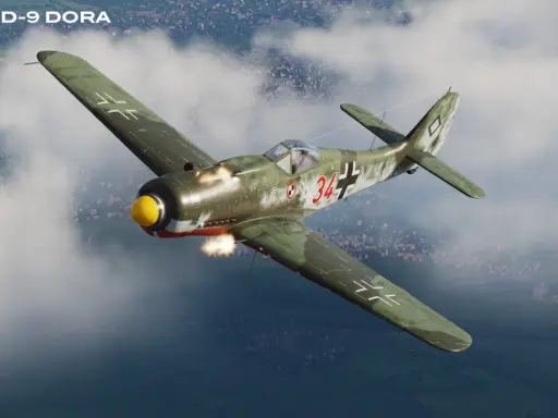 Grünes FW-190 D-9 DORA-Jagdflugzeug im Flug, mit sichtbaren Schüssen und einem Dorf unter den Wolken.
