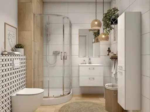 Przytulna łazienka w stylu boho z drewnianymi akcentami, plecionymi lampami i roślinami. Biała armatura i geometryczne płytki dodają charakteru.
