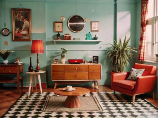 Salon w stylu retro inspiracje: pomarańczowy fotel, drewniana komoda, lampa i czarno-biała szachownica na podłodze.