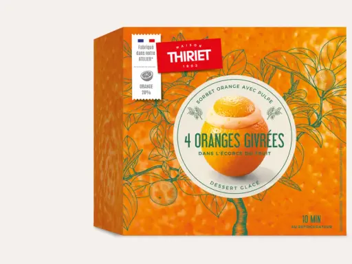 Boîte de sorbet "4 Oranges Givrées" de Maison Thiriet, avec une illustration d'orange garnie de sorbet dans son écorce.