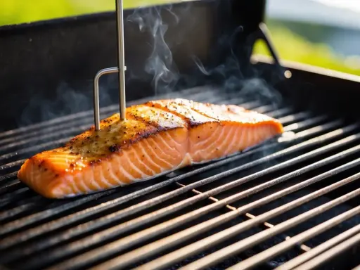 En saftig laxfilé grillas med en termometer instucken för att säkerställa perfekt innertemp lax. Röken stiger från den gyllene fisken.