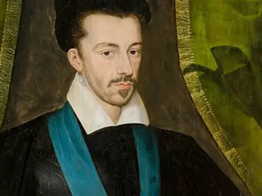 Portret Henryka, króla polskiego, w czarnym stroju z błękitną szarfą i białym kołnierzem.