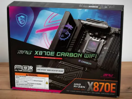 Pudełko płyty głównej MSI MAG X870E CARBON WIFI, gotowej na procesory AMD RYZEN™ 9000, idealne dla entuzjastów komputerów z procesorami Ryzen 3000.