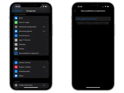 Ustawienia dostępności iPhone'a: opcja "Steruj pobliskimi urządzeniami" umożliwia zdalne sterowanie iphonem innymi urządzeniami w pobliżu.