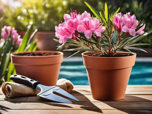 Un magnifique laurier en pot, prêt à être planté, avec des fleurs roses éclatantes. Un outil de jardinage et un autre pot vide sont à proximité.