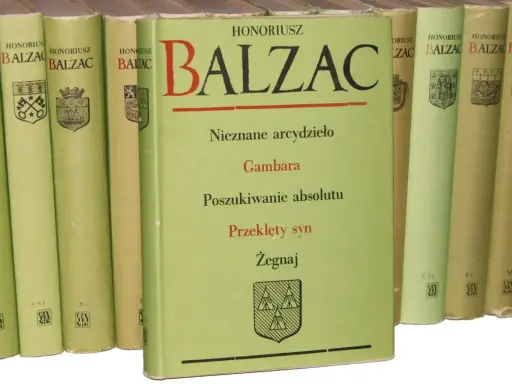 Książki z cyklu "Balzac. Komedia ludzka". Na okładce środkowego tomu tytuły: "Nieznane arcydzieło", "Gambara", "Poszukiwanie absolutu", "Przeklęty syn", "Żegnaj".