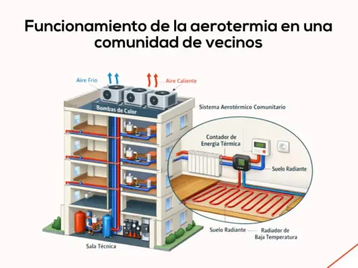 Diagrama ilustra aerotermia comunitaria o individual en un edificio, mostrando bombas de calor, suelo radiante y sala técnica.