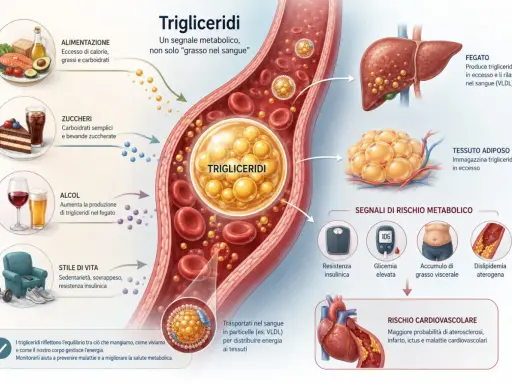 I trigliceridi alti, legati a dieta, alcol e stile di vita, possono portare a dislipidemia e rischio cardiovascolare, ma non direttamente a un tumore.