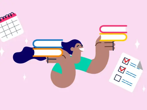 Glückliche Person mit Büchern und Kalender, bereit für den Abitur Abschluss. Checkliste zeigt erledigte Aufgaben.