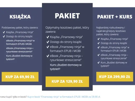 Oferta wydania książki "Finansowy ninja" w trzech wariantach: sama książka, pakiet z eBookiem i kursem.