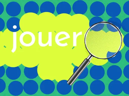 Loupe sur le mot "jouer", cherchant un synonyme. Fond vert à pois bleus.