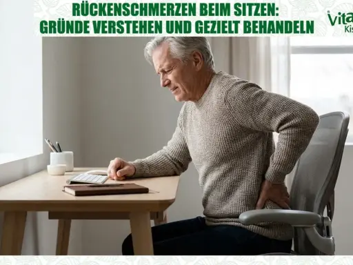 Älterer Mann mit schmerzen beim sitzen am Schreibtisch, hält sich den Rücken.