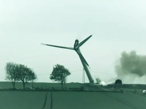 Umgestürzte Windkraftanlage mit Rauch. Ein trauriges Ende für die Windenergie MV.