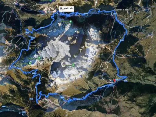 Mappa cartina passi dolomitici: itinerario Sella Ronda con tappe a Corvara, Arabba e Selva di Val Gardena.