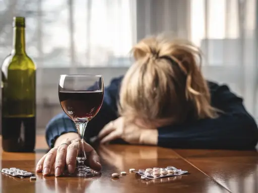 Kobieta z głową opartą na rękach, obok kieliszek wina, butelka i opakowania psychotropów.