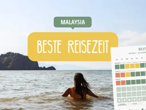 Frau im Meer blickt auf Inseln. Über ihr steht "MALAYSIA" und "BESTE REISEZEIT". Rechts eine Übersicht zur Reisezeit.