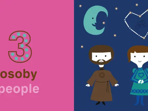 Ilustracja z liczbą 3 i napisem "osoby people" po lewej, a po prawej postacie Romea i Julii pod konstelacjami w kształcie serc.