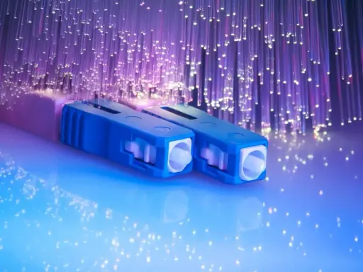 Connecteurs bleus pour télécommunication fibre optique, entourés de fils lumineux violets.