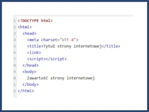 Fragment kodu HTML, który definiuje podstawową strukturę strony internetowej. Widoczny jest formularz HTML z tagami.