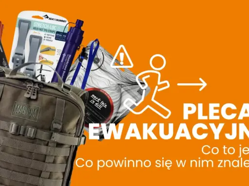 Gotowy zestaw ucieczkowy: plecak Magnum, linka paracord, filtr do wody, pasy i liofilizowany posiłek.