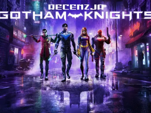 Czterech bohaterów z gry Gotham Knights, w tym Robin, Nightwing, Batgirl i Red Hood, stoi na mokrej ulicy Gotham.