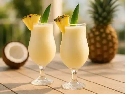 Deux verres de pina colada sans alcool, décorés d'ananas, avec un ananas et une noix de coco en arrière-plan.