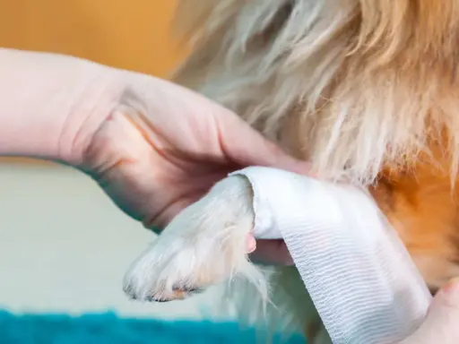 Main d'une personne bandant la patte d'un chien, peut-être une entorse patte chien.