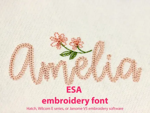 Różowa, haftowana czcionka "Amelia" z dwoma kwiatkami, idealna do tworzenia unikalnych projektów.