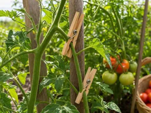 Comment tuteurer les tomates : des pinces à linge en bois fixent une tige de tomate à un tuteur en bois, avec des tomates mûres en arrière-plan.