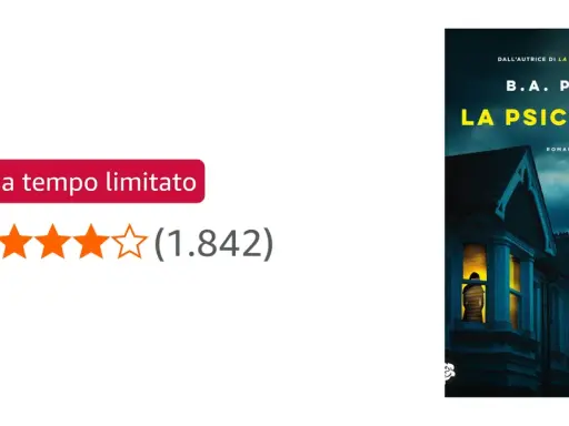 Copertina del libro "La Psicologa" di B.A. Paris, con una casa e una figura misteriosa alla finestra. La trama suggerisce segreti pericolosi. Valutazione 4.0/5.