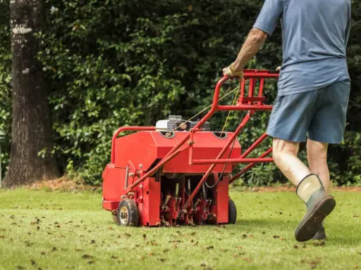 Man pushing a red core aeration machine across a green lawn, leaving plugs of soil behind.