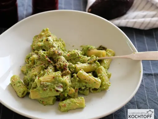 Cremige Avocado-Pasta mit Kräutern und Gewürzen auf einem weißen Teller, bereit zum Genießen.