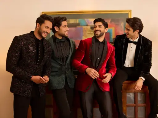 Four men in stylish winter wedding attire, showcasing embellished jackets in black, green, red, and velvet.