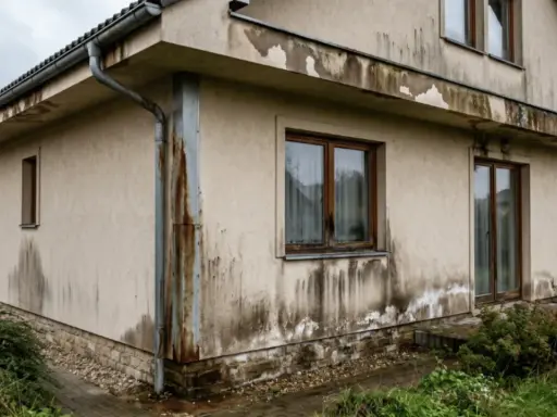 Brudne ślady po deszczu na elewacji, gdzie woda cieknie po ścianie, tworząc nieestetyczne zacieki.