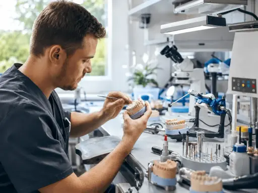 Precyzyjny **technik dentystyczny** pracuje nad modelem szczęki, tworząc idealny uśmiech.