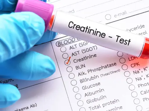Rękawiczka w niebieskiej rękawiczce trzyma probówkę z napisem "Creatinine - Test". Zaznaczono pole "Creatinine", co może sugerować obniżoną kreatyninę u dziecka.