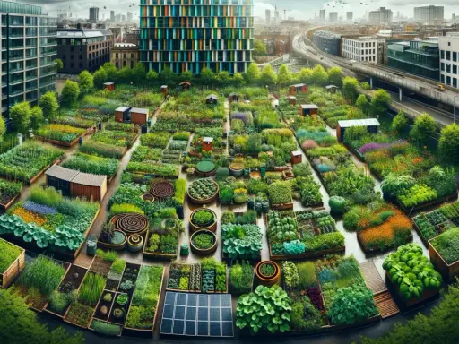 Grüne Oasen inmitten der Stadt: Ein lebendiges Beispiel für urbane Landwirtschaft mit Gemüsebeeten, Blumen und Solarpaneelen.