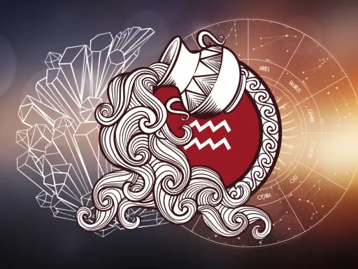 Symbol wodnika znaku zodiaku, z dzbanem i falami, na tle kryształów i koła zodiaku.